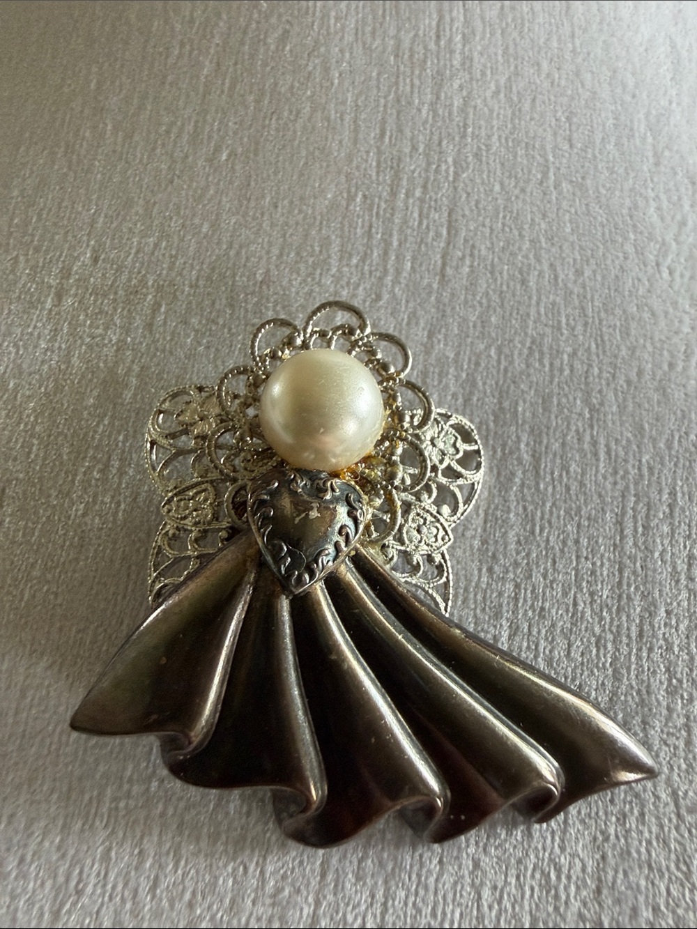 Ten Thousand Angels Silver-Tone Filigree Brooch with Cream Pearl